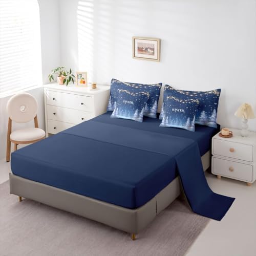 Erosebridal Winter Season 7 Pcs Comforter Set King, Snowflakes Bedding for Adult, Xmas Mystical Wonderland Starry Sky Night Bed in A Bag Sheet Set, Night Blue New Year Holiday Light Coniferous Quilt