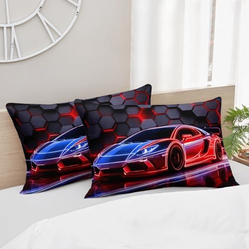 HOSIMA Kids Boys Race Car Queen Fitted Sheet,1 Fitted Sheet+2 Pillowcases.