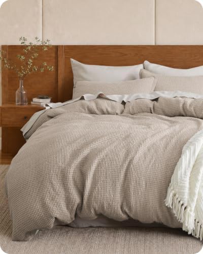 Bedsure PureWoven 100% Cotton Waffle Duvet Cover Set, 2 Pieces, Twin, Khaki