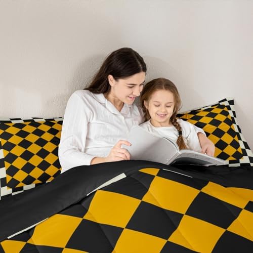 Checkered Geometric Comforter Set Queen Size Beige Yellow Plaid Bedding Set for Kids Boys Girls Checkerboard Modern Aesthetic Duvet Quilt Cute Retro Neutral Bedroom Decor 3 Pcs with 2 Pillow Cases