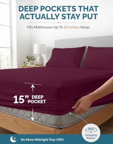 Casa Platino Cal King Size Sheet Set – 6 Piece Cooling Sheets Cal King Size 100% Cotton Crisp Percale Sheets with Breathable & Cozy Feel, 15" Deep Pocket Fitted Sheet for Secure Fit – Windsor Wine
