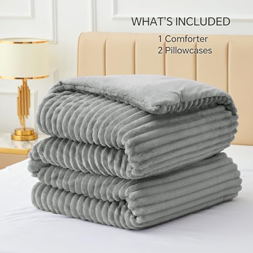 BEDELITE Fleece Oversized Queen Comforter Set, Fluffy Bed Set, Light Grey
