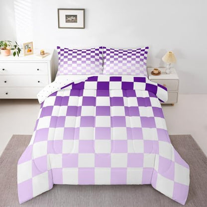 Feelyou Checkered Bedding Set for Boys Girls Modern Geometric Gradient Purple Comforter Set Twin Size Cute Neutral Plaid Duvet Quilt Vintage Aesthetic Bedroom Decor 2 Pcs with 1 Pillow Cases