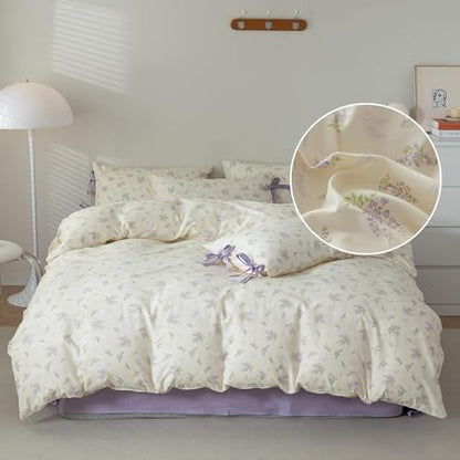 LifeTB Lilac Comforter Set Twin XL Girls Purple Flower Bedding Comforter Vintage Garden Floral Comforter Set Fluffy Soft Botanical Comforter with 2 Bow Ties Pillowcases for Girls Women Twin XL Size