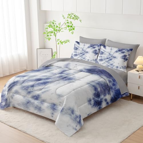 7Pcs Comforter Set Blue Tie Dye Printed Bedding Set with 1 Comforter, 1 Flat Sheet, 1 Fitted Sheet and 4 Pillowcases for Boys and Girls Bedroom All Season(Tie Dye Twin)