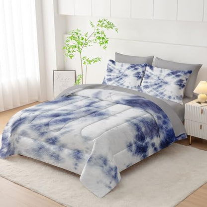 7Pcs Comforter Set Blue Tie Dye Printed Bedding Set with 1 Comforter, 1 Flat Sheet, 1 Fitted Sheet and 4 Pillowcases for Boys and Girls Bedroom All Season(Tie Dye Full)