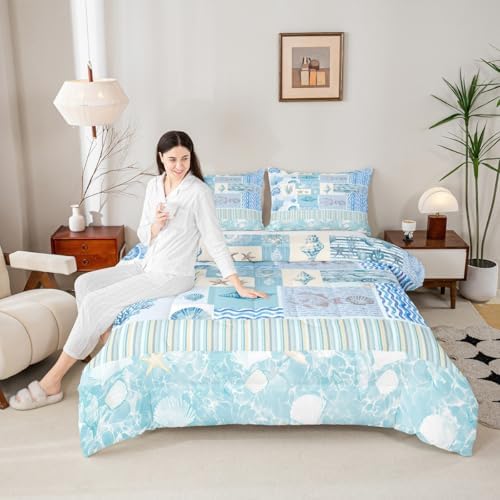 Ocean Shell Conch Comforter Set King Size,Geometric Stripes Plaid Quilt Set Vintage Sketch Coral Fish Bedding Set 3Pcs for Kids Girls Boys Adult Room Decor,Sea Blue Duvet Insert,2 Pillowcases