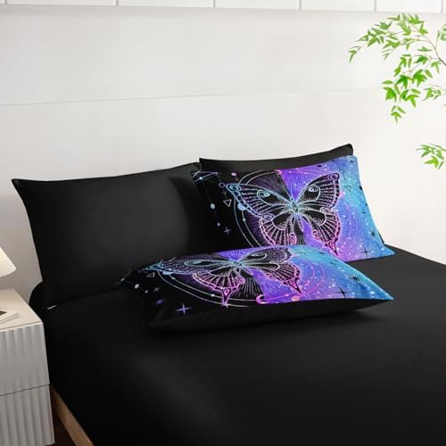 7pcs Animals Comforter Set 3D Black Blue Butterfly Printed Bedding Set with 1 Comforter, 1 Flat Sheet, 1 Fitted Sheet and 4 Pillowcases for Boys and Girls Bedroom (Butterfly-4 King