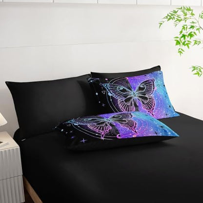 7pcs Animals Comforter Set 3D Black Blue Butterfly Printed Bedding Set with 1 Comforter, 1 Flat Sheet, 1 Fitted Sheet and 4 Pillowcases for Boys and Girls Bedroom (Butterfly-4 King