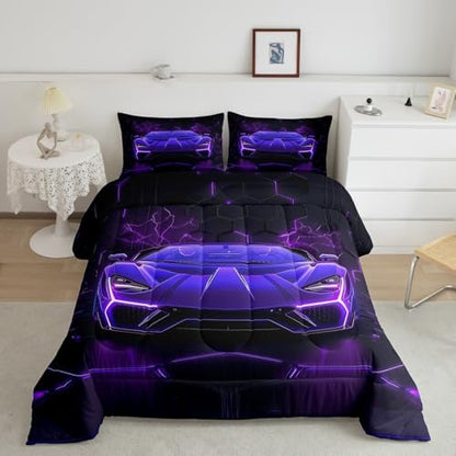 Feelyou Kids Purple Black Race Car Comforter Set,Boys Racing Car Bedding Set Full Size,Boys Bedroom Room Decor,Cool Speed Luxury Car Comforter,Geometric Hexagon Racing Car Bed Set for All Season