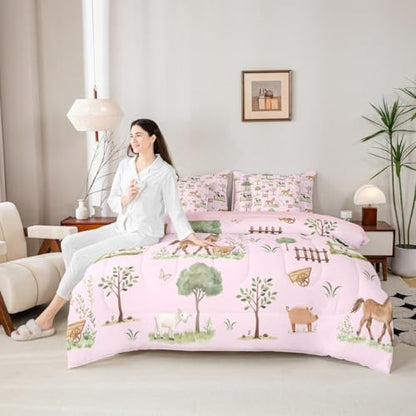 Erosebridal Farm Animal King 7 Pcs Bedding Set Rustic Farmhouse Comforter Set for Boys Girls Pink Cartoon Animal Comforter Kids Cute Horse Sheep Cow Pig Quilt Woodland Trees Sheets Western Room Decor