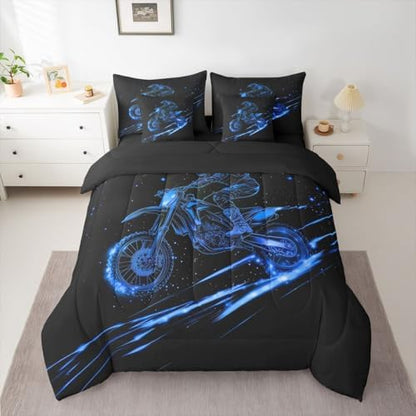 Feelyou Blue Neon Dirt Bike Comforter Set with Sheets 7 Piece King Motocross Bedding Set for Boys Girls Speed Racing Bed in a Bag Line Art Design Room Decor Extreme Sports Pattern Soft Lightweight