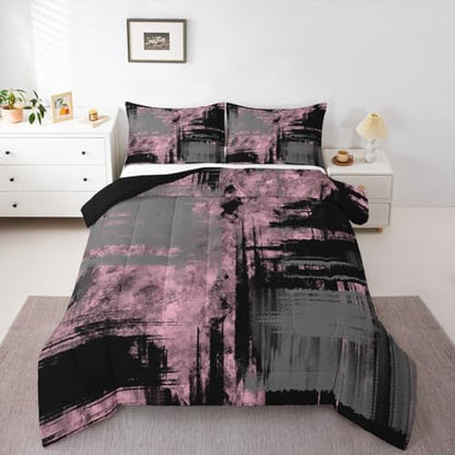 Kids Pink Grey Black Bedding Set Full Size Abstract Duvet Quilt for Boys Girls Teens Bedroom Decor Geometric Comforter Set Breathable Soft Lightweight Microfiber Women Men Modern with 2 Pillow Case