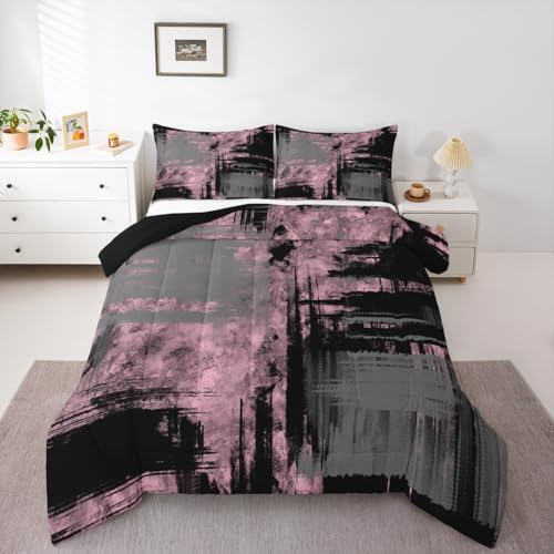 Kids Pink Grey Black Bedding Set Queen Size Abstract Duvet Quilt for Boys Girls Teens Bedroom Decor Geometric Comforter Set Breathable Soft Lightweight Microfiber Women Men Modern With 2 Pillow Case