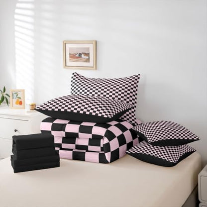 jejeloiu Pink Black Plaid Comforter Set with Sheets 7 Piece King Size Checkered Classic Bedding Set for Kids Boys Girls Grid Geometric Bed in a Bag Room Decor Soft Lightweight Microfiber