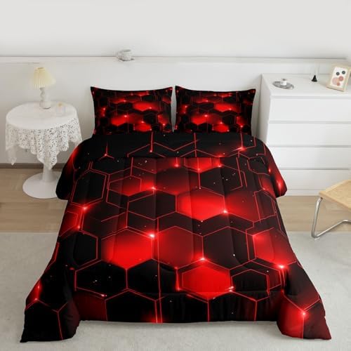 Feelyou Honeycomb Bedding Set Queen Size, Beehive Geometric Black Red Comforter Set Geometrical Comforter for Kids Boys Girls Teens Geometric Honeycomb Duvet Set Durable Quilt Set Queen Size