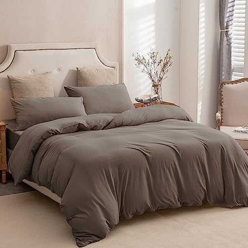 PURE ERA Jersey Knit Duvet Cover Set 100% T-Shirt Cotton Super Soft Comfy 3pc Bedding Set with Zipper Closure (Solid Brown, Queen)