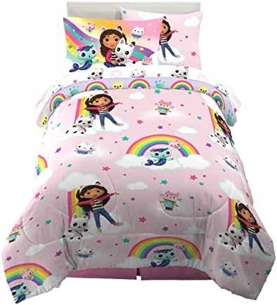 Gabby's Dollhouse Kids Twin Size Bedding, 5 Piece Super Soft Cozy Reversible Comforter and Sheet Set with Sham, (Officially Licensed Product) By Franco