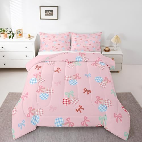 Homewish Pink Cherry Comforter Set King Size,Colorful Check Cherry Bedding Sets for Kids Girls Boys Adult Room Decor,Blue Pink Bowknots Down Comforter Cute Princess Style Quilt Set,2 Pillowcases
