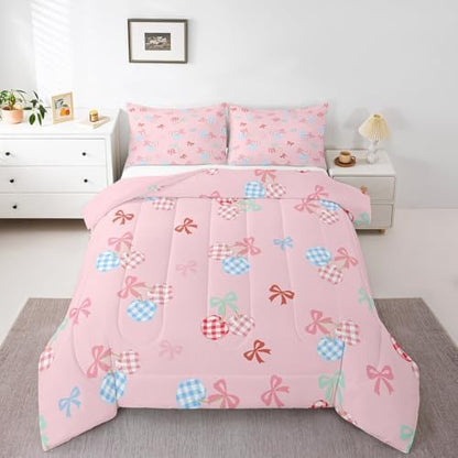 Homewish Pink Cherry Comforter Set King Size,Colorful Check Cherry Bedding Sets for Kids Girls Boys Adult Room Decor,Blue Pink Bowknots Down Comforter Cute Princess Style Quilt Set,2 Pillowcases