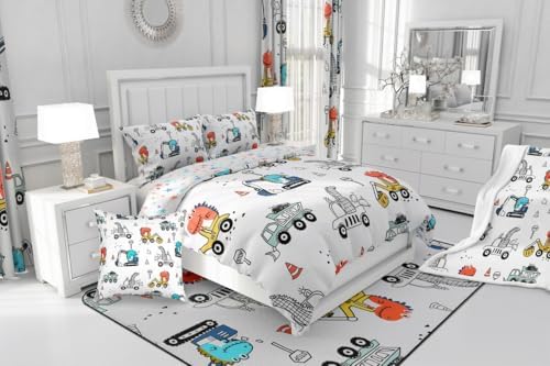 Feelyou Kids Construction Comforter Set Cartoon Dinosaur Bedding King Size Tractor Vehicle Truck Comforter for Boys Girls Jungle Dino Quilt Set Yellow Blue Soft
