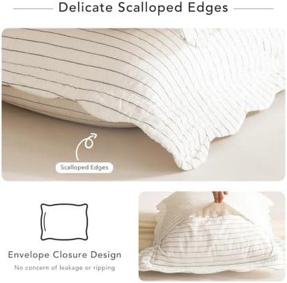 Lady Ann Oversized King Bedspread 120x120, Soft Cotton Quilt Set for Extra Large Bed, Dark Grey White Classic Striped Pattern Quilted Coverlet with Scalloped Edge, 3 Pcs Bedding Set
