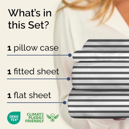 Twin XL 3 Piece Striped Sheet Set - Breathable & Cooling - Black Pinstripe