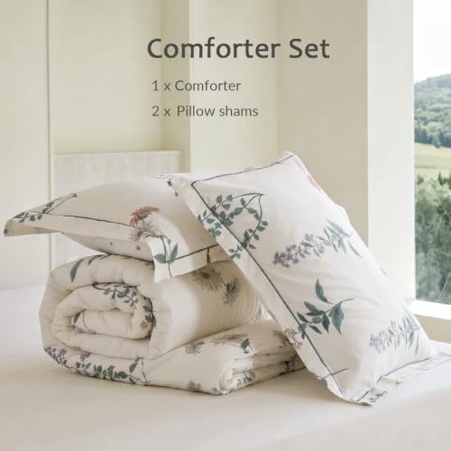 Queen Comforter Set 3 Pieces, 100% Cotton Botanical Flower Floral Bedding Set for All-Season, Soft Breathable Comforter with 2 Pillow Shams