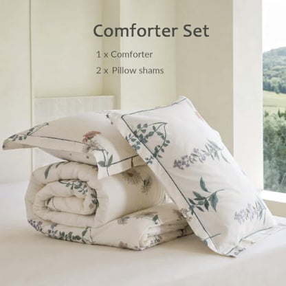 Queen Comforter Set 3 Pieces, 100% Cotton Botanical Flower Floral Bedding Set for All-Season, Soft Breathable Comforter with 2 Pillow Shams