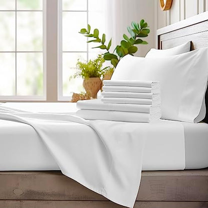 Bamboo Bay 7 Piece Split King Size Sheet Set, 100% Viscose Made from Bamboo, Breathable, Ultra Soft Cooling Bed Sheets for Adjustable Beds, Beddings with Deep Pockets Fit 16" Mattress, White