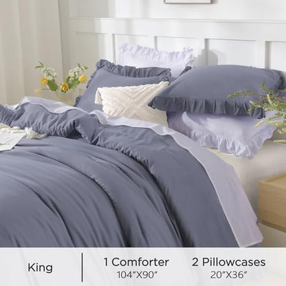 Andency Dark Blue King Size Comforter Set, 3 Pieces Solid Farmhouse Bedding