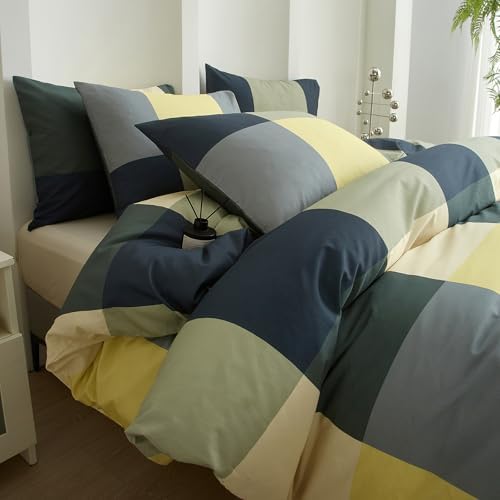 mixinni King Comforter Set Men Boys Geometric Checkered Plaid Printed Bedding Comforter for All Season Soft Lightweight Bedding Set-(King Size, Green,Yellow,Khaki)