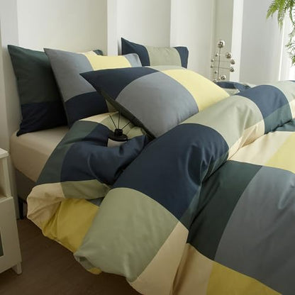 mixinni King Comforter Set Men Boys Geometric Checkered Plaid Printed Bedding Comforter for All Season Soft Lightweight Bedding Set-(King Size, Green,Yellow,Khaki)