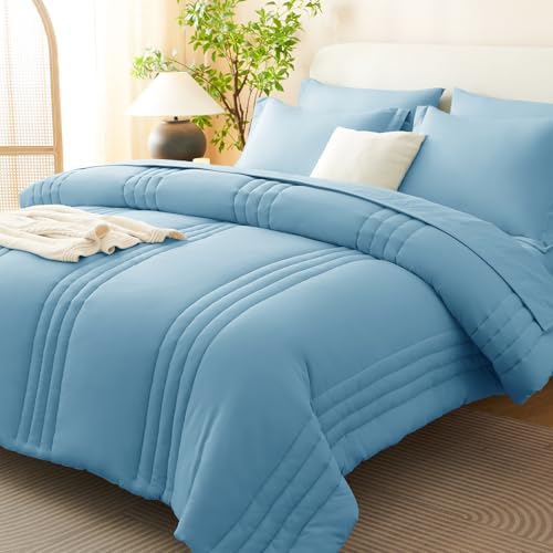 CozyLux Queen Comforter Set Aqua Blue - 7 Pieces Bed in a Bag