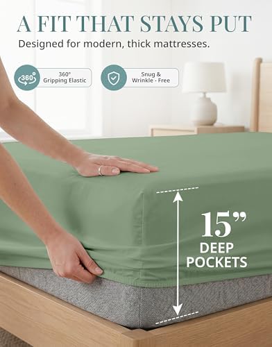 450TC 100% Cotton Queen Sheets - Silky Smooth Sateen Weave, Iceberg Green