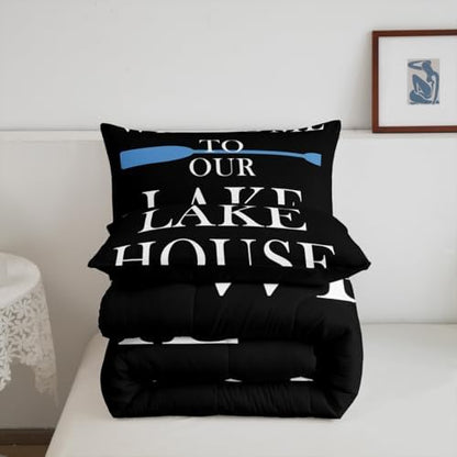 Lake House Comforter Set Full Size, Blue Paddle Lake Camping Bedding Set 3pcs, Rustic Farmhouse Lake Life Black Down Comforter for All Season, Kids Boys Girls Room Decor, 2 Pillowcases, No Sheets
