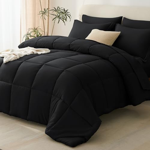 CozyLux Super King Comforter Set, 7-Piece Bed in a Bag, Black