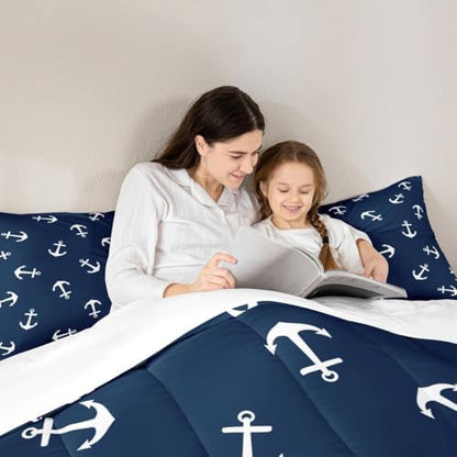 Manfei Anchor Comforter Set Full Size, Nautical Theme Summer Ocean Anchor Bedding Set 3pcs for Kids Boys Teens Room Decor, Luxurious Navy Blue Down Comforter with 2 Pillowcases, No Sheets