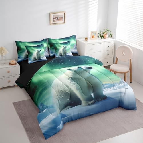 Erosebridal Polar Bear Bedding Set Full,3D Polar Bear Comforter Set,Arctic Wildlife Animal(Comforter+Fitted+Flat Sheet+2 Pillowcases+2 Throw Pillow Covers) 7 Pieces Northern Lights Bed Set