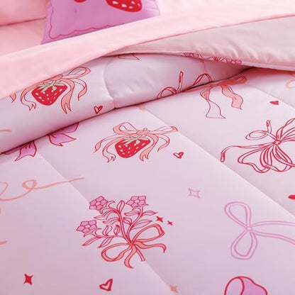 Queen Size Comforter Set for Girls-4 Pieces Pink Bow Queen Bedding Sets