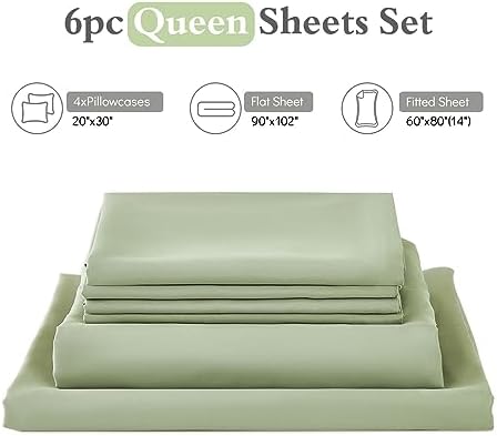 ILAVANDE Queen Sheets Set 6 Piece,Hotel Luxury Super Soft 1800 Series Microfiber Queen Bed Sheets Set-Wrinkle Free & Breathable-14 Deep Pocket Sheets for Queen Size Bed(Queen,Sage Green)