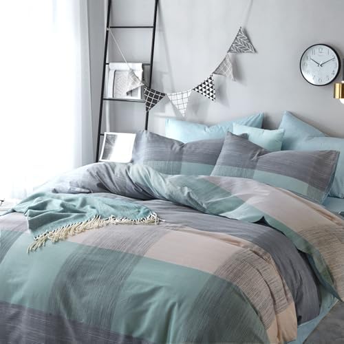 mixinni Simple Patchwork Print Comforter Set Full Size Bed Fluffy Blue Mint Green Geometric Pattern Comforter for Boys Women and Men, 1 Modern Comforter and 2 Pillowcases for All Season-Full Size