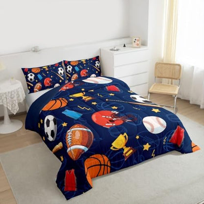jejeloiu Sports Theme Comforter Set Basketball Soccer Bedding Set Twin Size