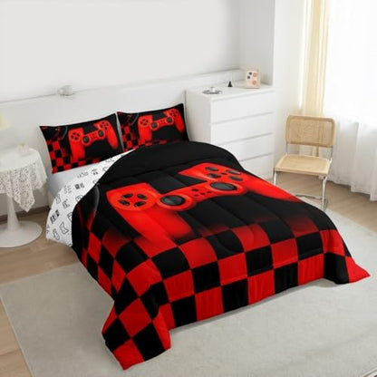 Gamer Comforter Set for Boys Teen Gaming Bedding Set Video Game Controller Home Decor for Men Child Buffalo Plaid Check Down Comforter Full Size 3 Pcs Duvet Set with 2 Pillow Shams,Black Red Geometric