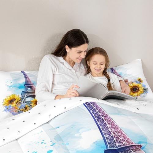 Eiffel Tower Comforter Set Twin Size for Girls Women French Eiffel Tower Bedding Pink Purple Tie-Dye Print Bedding Comforter Sets Romantic Paris Decor for Bedroom Duvet Insert French Style Quilt