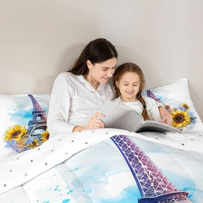 Eiffel Tower Comforter Set King Size for Girls Women French Eiffel Tower Bedding Pink Purple Tie-Dye Print Bedding Comforter Sets Romantic Paris Decor for Bedroom Duvet Insert French Style Quilt