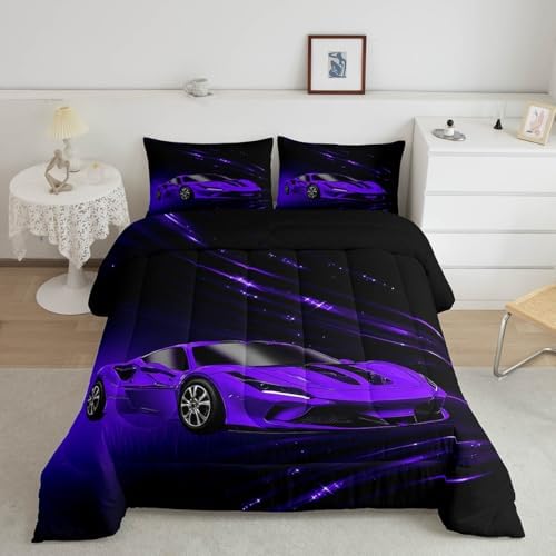 Feelyou Boys Purple Race Car Bedding Set Toddle Size Speed Sports Car Comforter Set for Kids Teens Adult Fast and Furious Duvet Set Purple Ombre Quilt Set 2Pcs