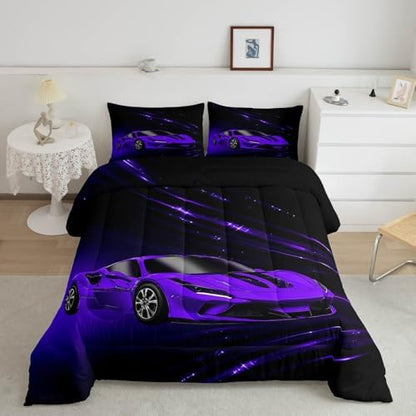 Feelyou Boys Purple Race Car Bedding Set Toddle Size Speed Sports Car Comforter Set for Kids Teens Adult Fast and Furious Duvet Set Purple Ombre Quilt Set 2Pcs