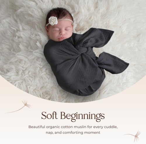 100% Cotton Organic Muslin Baby Swaddle Blanket GOTS & Fairtrade Certified Organic Cotton - Couch Living Room and Bedroom Decor - 4 Layer Super Soft and Cozy (Graphite, Baby)
