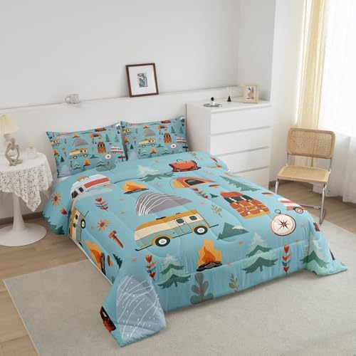 Feelyou Happy Camping Comforter Set for Kids Boys Girls Full Size Outdoor Themed Bedding Set Soft Travel Bag Tent Print Duvet Quilt Travel Trailers Comforter Camping Gifts Duvet Quilt